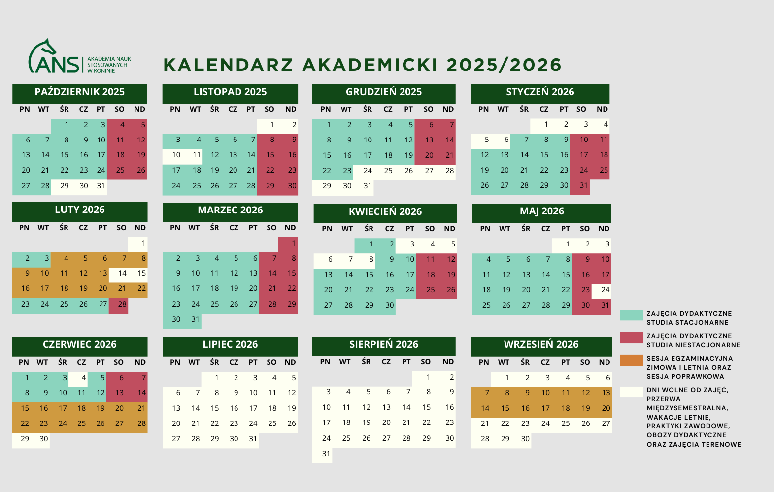 Kalendarz akademicki ANS w Koninie 2025 2026