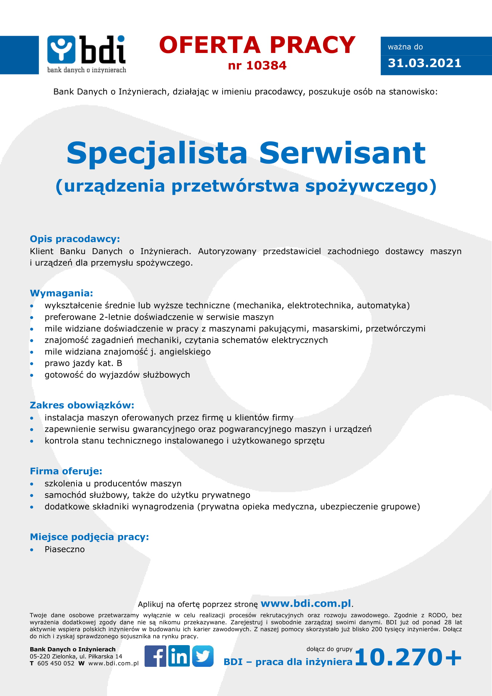 Oferta pracy 10384 Specjalista Serwisant