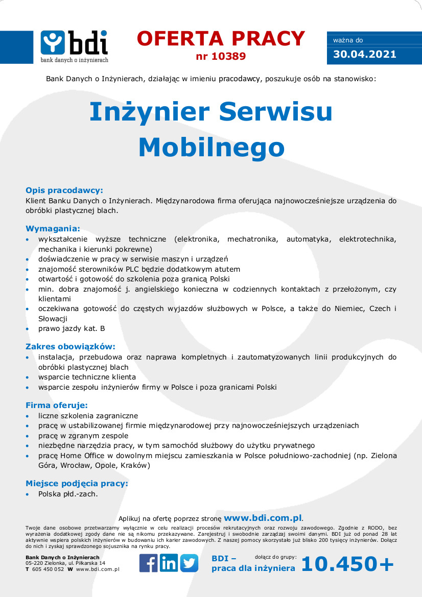 Oferta pracy 10389 Inżynier Serwisu Mobilnego1