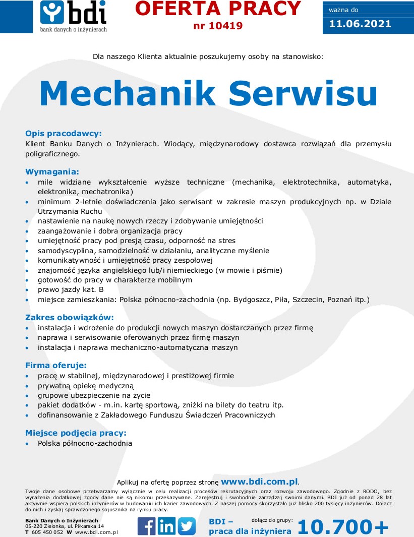 Oferta pracy 10419 Mechanik Serwisu
