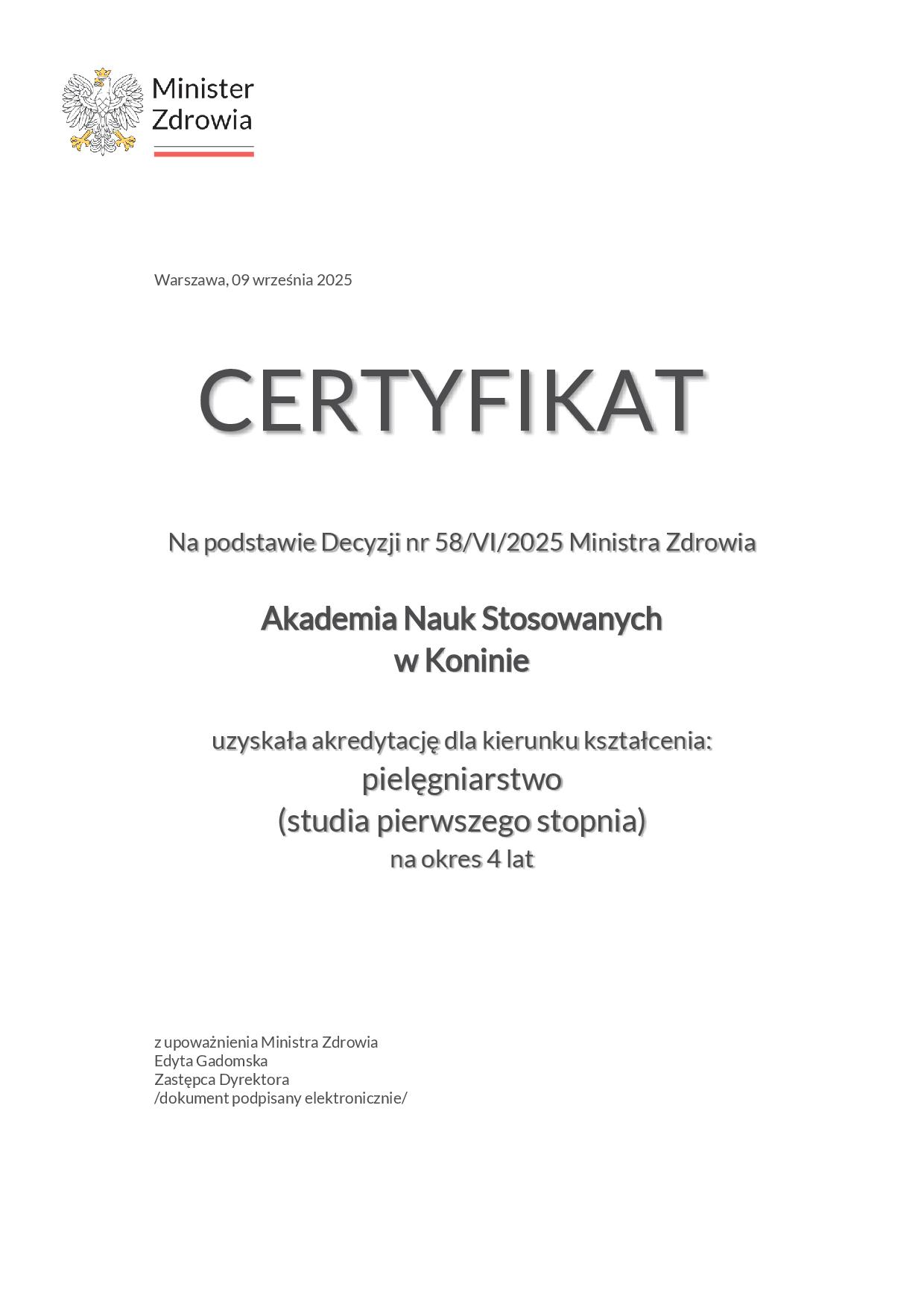 certyfikat Ministra Zdrowia
