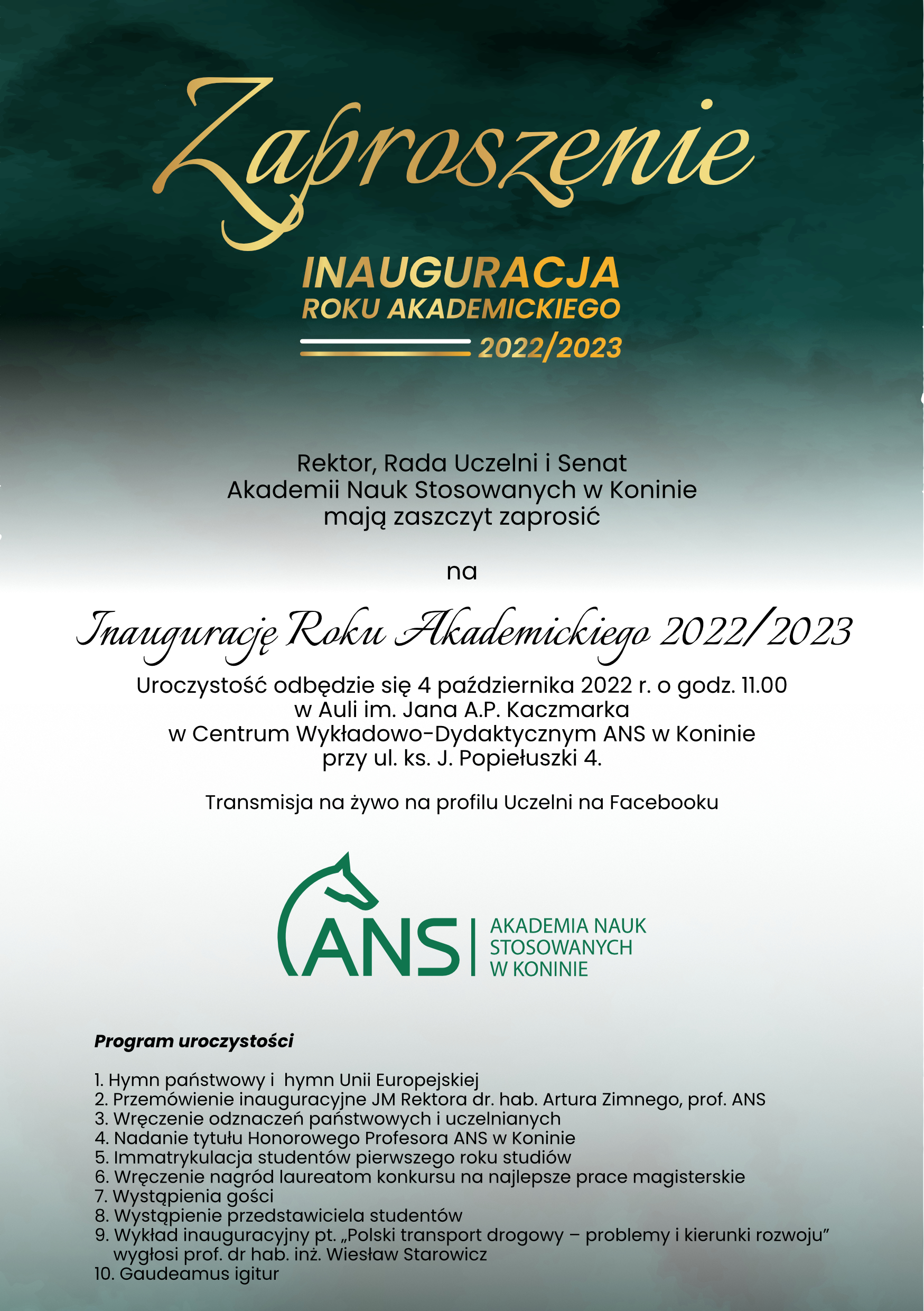 zaproszenie Inauguracja Roku Akademickiego 2022 2023